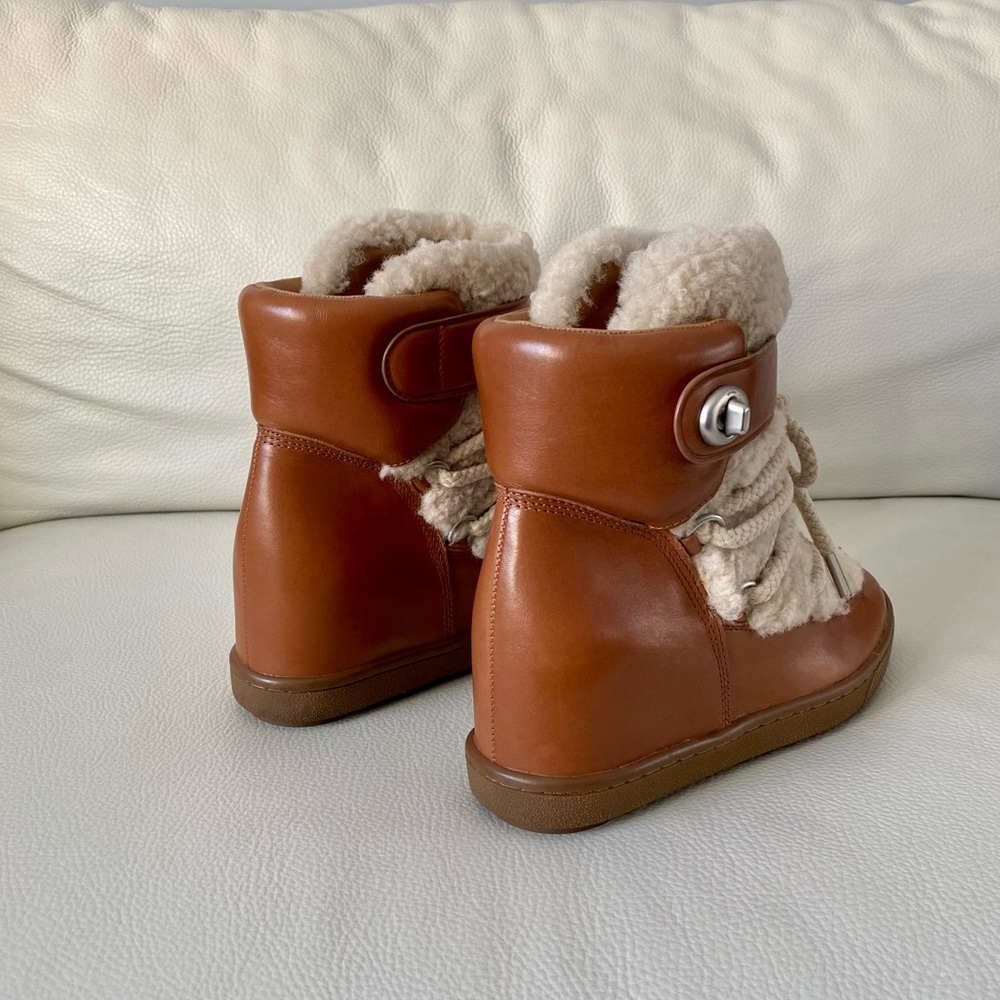 Coach Monroe Shearling Lace Up Wedge Booties, Saddle/Natural - Picture 4 of 10
